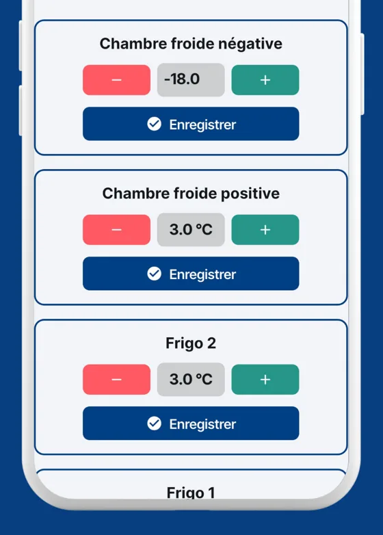 Écran de relevé des températures dans l'application LockHACCP